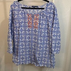 Basic Editions Blue and White Blouse‎ with Orange Accents